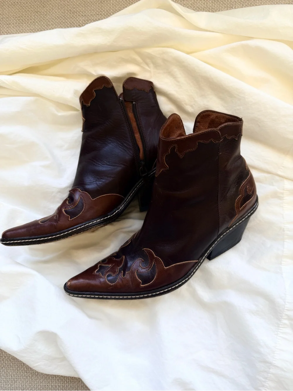 Donald J. Pliner Two-Tone Brown Pointed Western Ankle Boots